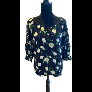 Cato Blouse Size Large Top Black Floral Boho Tie Neck 3/4 Ruffle Sleeve Casual